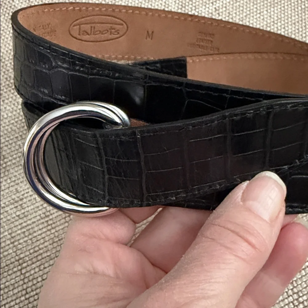 Talbots black croc-embossed leather belt silver-tone O-ring buckle Italy Made M